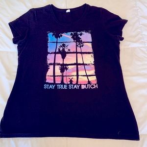 Dutch Bros womens short sleeve black tee with palm tree front logo